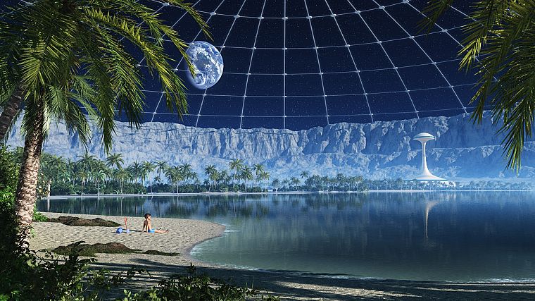 космическое пространство, футуристический, пальмовые деревья, пляжи - обои на рабочий стол