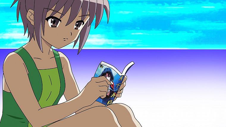 чтение, Нагато Юки, Меланхолия Харухи Судзумии, аниме девушки, колени вместе - обои на рабочий стол