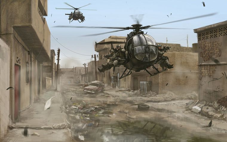 солдаты, города, военный, вертолеты, здания, произведение искусства, Black Hawk Down, транспортные средства, Delta Force - обои на рабочий стол