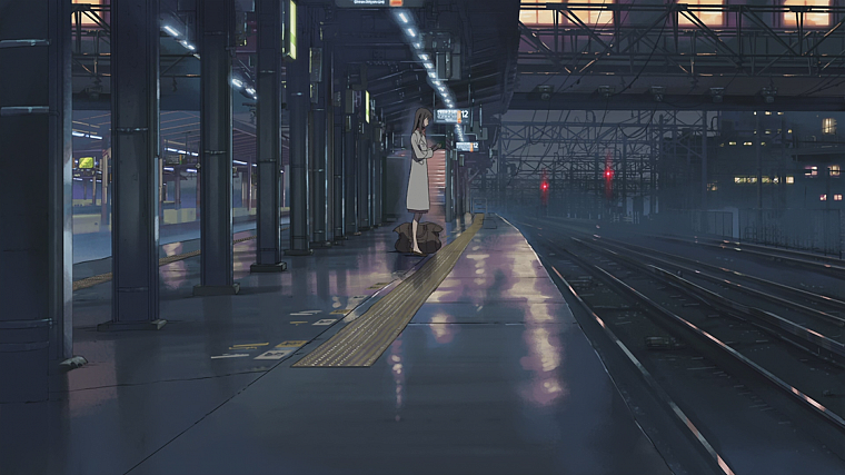 Макото Синкай, вокзалы, линии электропередач, 5 сантиметров в секунду, произведение искусства, аниме, железнодорожная - обои на рабочий стол