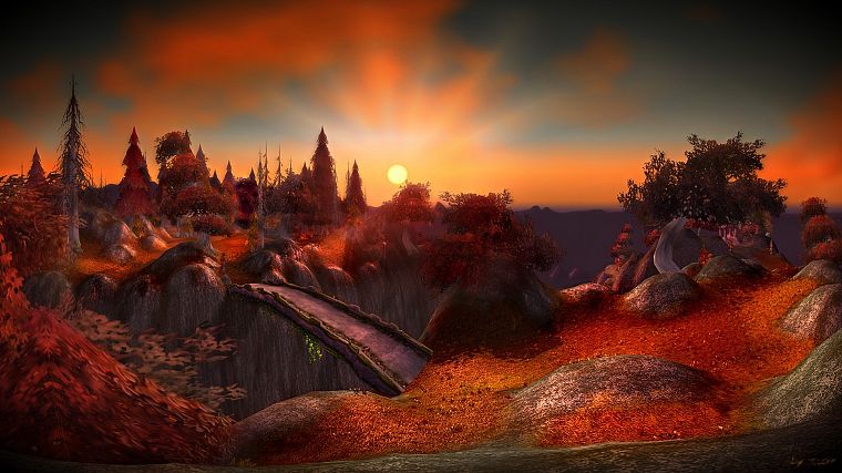 закат, осень, Мир Warcraft, мосты, Фэнтази, Aszhara - обои на рабочий стол