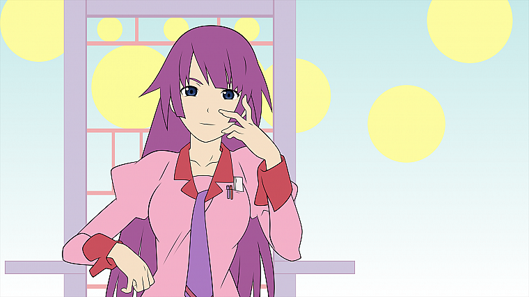 школьная форма, Bakemonogatari (Истории монстров), фиолетовые волосы, Сендзегахара Hitagi, серия Monogatari - обои на рабочий стол