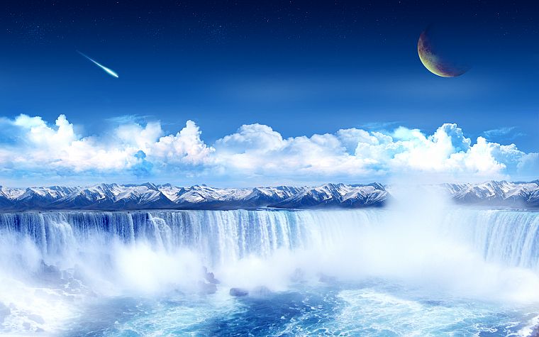 вода, облака, планеты, научная фантастика, метеорит, водопады - обои на рабочий стол