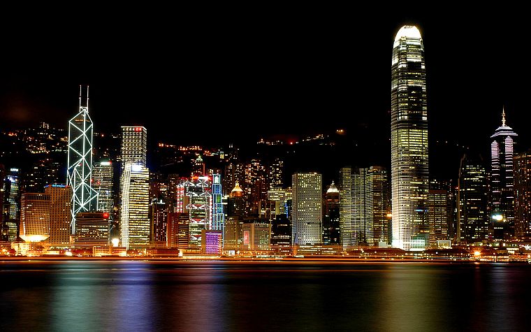 вода, города, ночь, Гонконг, небоскребы, городские огни, отражения, гаваней, гавань Виктория - обои на рабочий стол