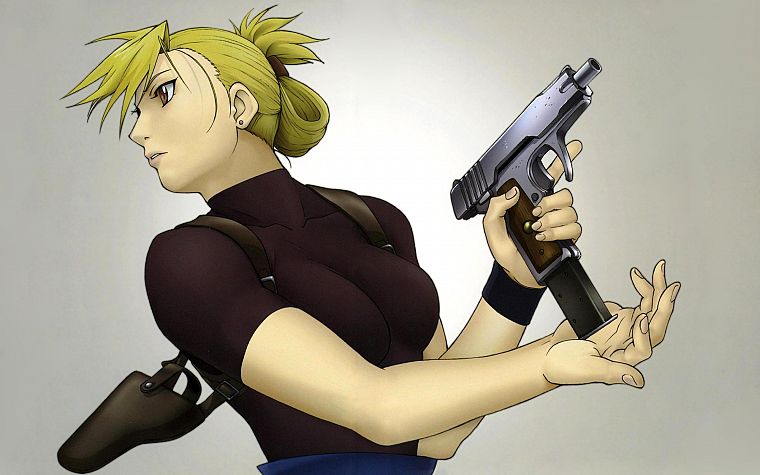 Стальной алхимик, пистолеты, девушки с оружием, Riza Hawkeye, аниме, простой фон, аниме девушки - обои на рабочий стол