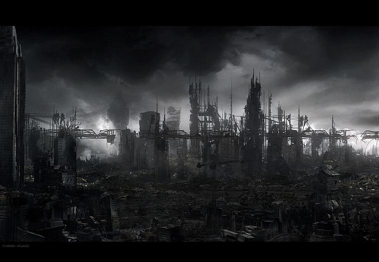 облака, серый, разрушение, здания, Апокалипсис - обои на рабочий стол
