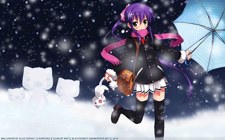 снег, кошки, фиолетовые волосы, аниме, зонтики, шарфы, Little Busters ! - обои на рабочий стол