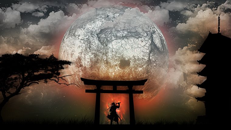 Япония, Луна, самурай, рисунки - обои на рабочий стол