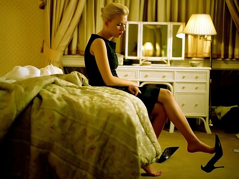 блондинки, ноги, девушки, Скарлетт Йоханссон, актрисы, спальня - обои на рабочий стол
