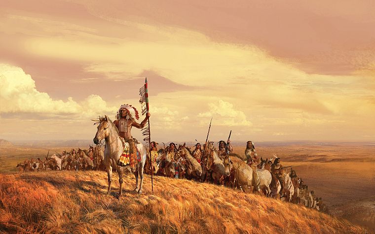 картины, пейзажи, долины, лошади, индейцы, произведение искусства, копья, небо, лидер, племена - обои на рабочий стол