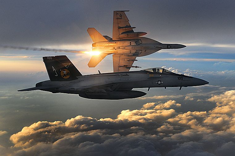 самолет, вспышки, F- 18 Hornet, небо - обои на рабочий стол