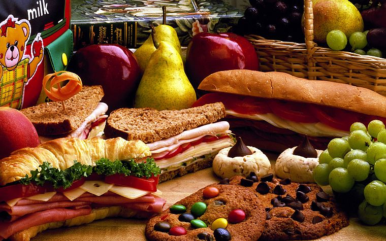 бутерброды, еда, печенье, хлеб, виноград, груши, яблоки - обои на рабочий стол
