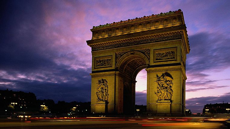 Париж, архитектура, Франция, Триумфальная арка, сумерки - обои на рабочий стол