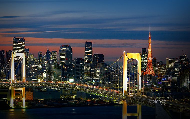 Япония, Токио, горизонты, мосты, Токийская башня, Радужный мост - обои на рабочий стол