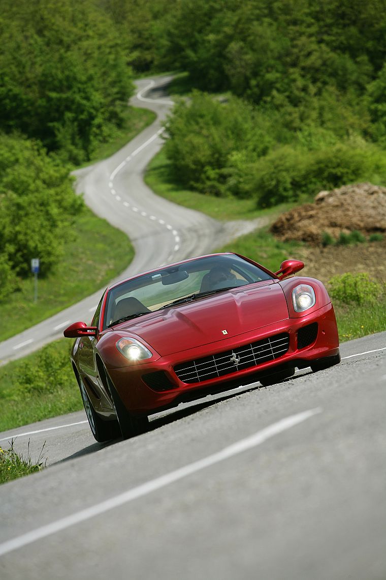 красный цвет, леса, автомобили, Феррари, дороги, транспортные средства, Ferrari 599, Ferrari 599 GTB Fiorano, вид спереди - обои на рабочий стол