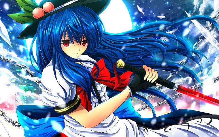 видеоигры, Тохо, длинные волосы, синие волосы, красные глаза, Hinanawi Tenshi, шляпы, аниме девушки, Nekominase - обои на рабочий стол