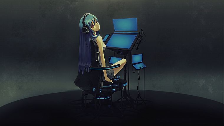 синие волосы, красные глаза, аниме девушки, оригинальные персонажи - обои на рабочий стол