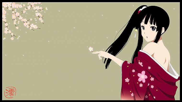 K-ON! (Кэйон!), цветы, Акияма Мио, японская одежда, простой фон, аниме девушки - обои на рабочий стол