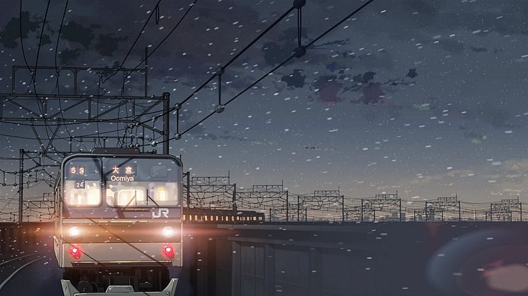 поезда, Макото Синкай, линии электропередач, 5 сантиметров в секунду - обои на рабочий стол