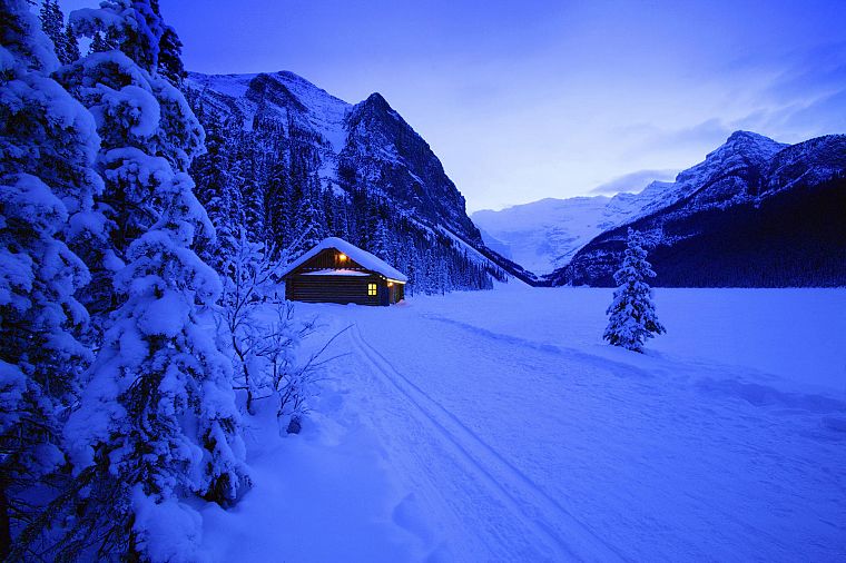 синий, горы, снег, холодно, рождество, жуткий, мороз, кабина - обои на рабочий стол