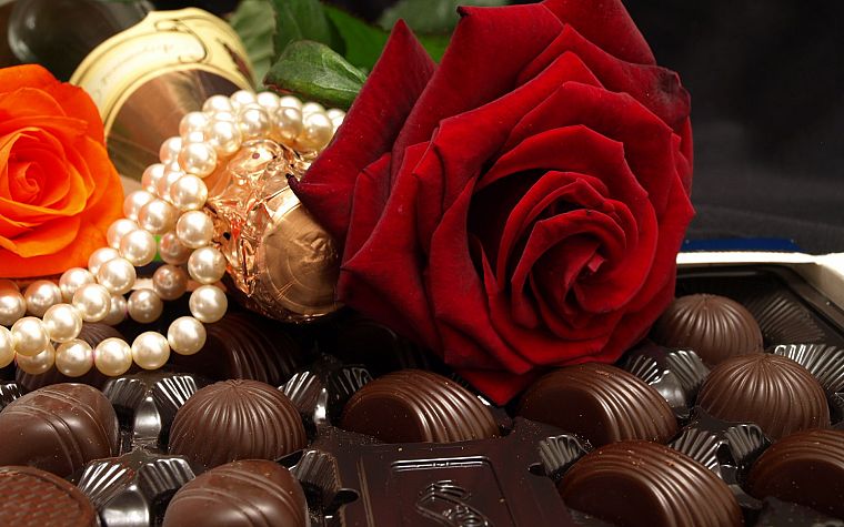 шоколад, еда, сладости ( конфеты ), розы - обои на рабочий стол