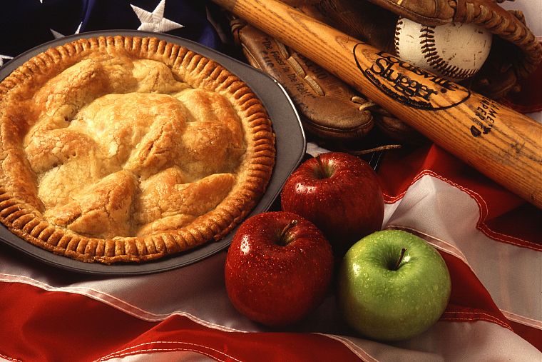 бейсбол, пирог, Американский флаг, яблоки, бейсбольные биты, яблочный пирог - обои на рабочий стол