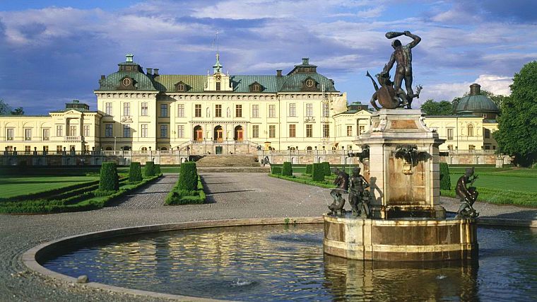 Швеция, дневной свет, Стокгольм, фонтан, дворец - обои на рабочий стол