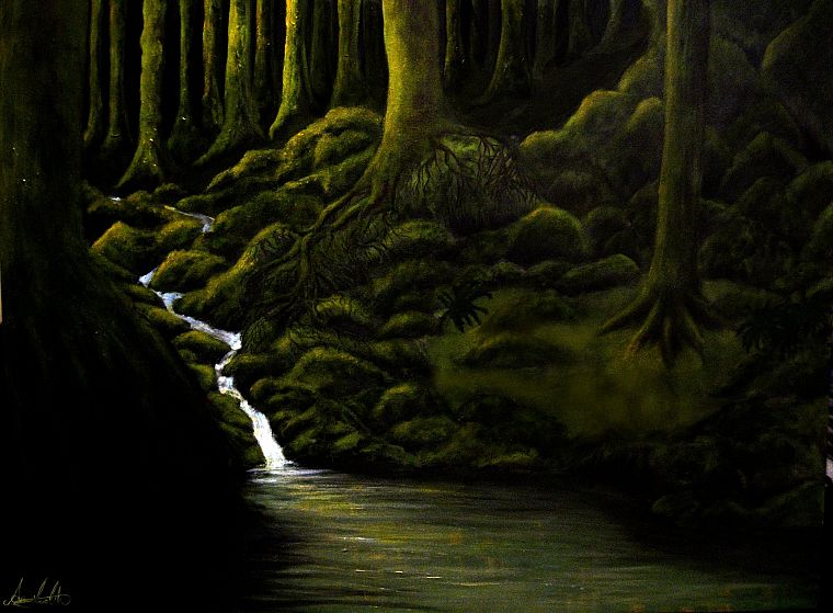 зеленый, картины, темнота, леса, произведение искусства, реки - обои на рабочий стол