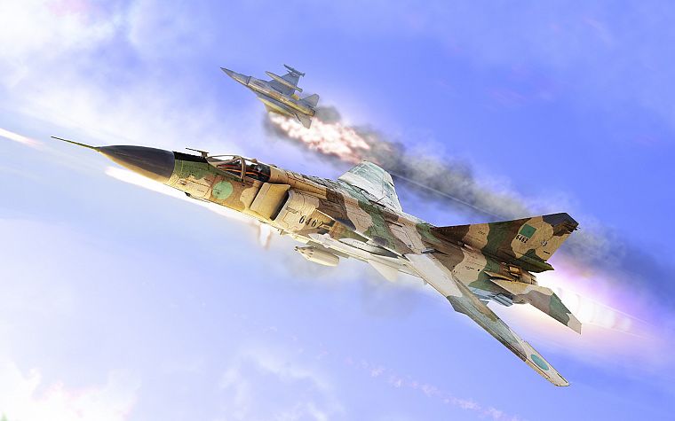 самолет, произведение искусства, Ливия, F- 16 Fighting Falcon, МИГ- 23 - обои на рабочий стол