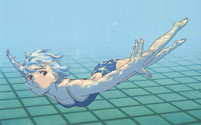 Ayanami Rei, Neon Genesis Evangelion (Евангелион), красные глаза, плавание, купальники, аниме девушки, под водой - обои на рабочий стол