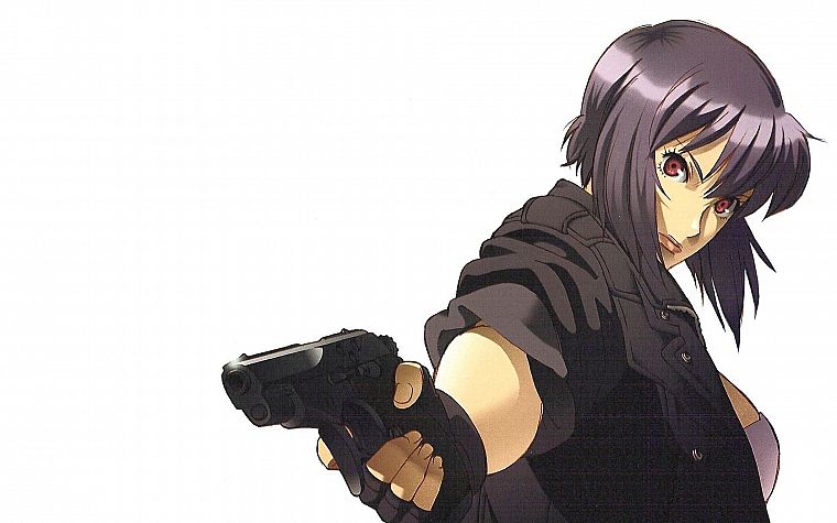 пистолеты, Мотоко Кусанаги, фиолетовые волосы, Призрак в доспехах, простой фон, аниме девушки - обои на рабочий стол