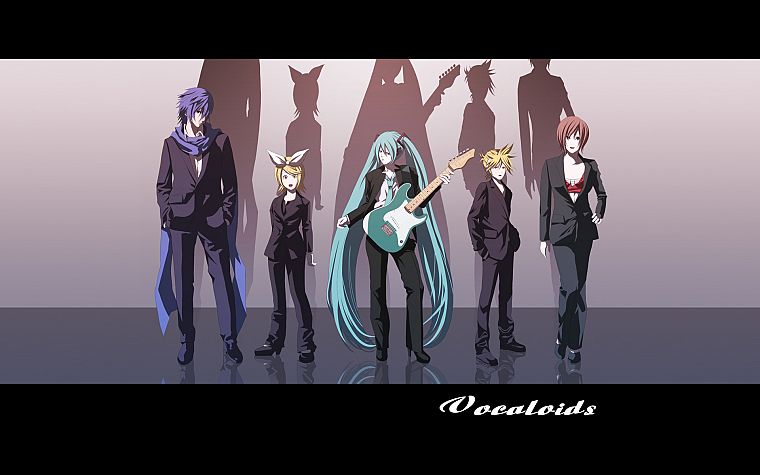 Вокалоид, Мику Хацунэ, Kaito ( Vocaloid ), Kagamine Rin, Kagamine Len, гитары, Meiko - обои на рабочий стол