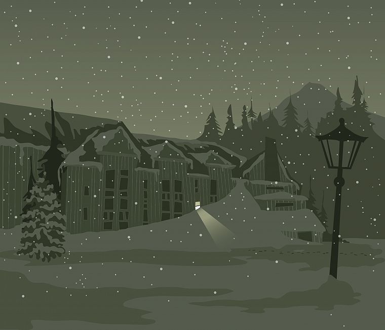 снег, ночь, здания, фонарные столбы - обои на рабочий стол