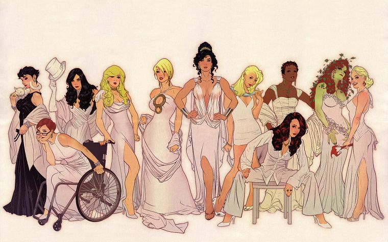 девушки, платье, DC Comics, комиксы, Харли Квинн, группы, Женщина-кошка, Черная Канарейка, Poison Ivy, Supergirl, Девочка Власти, Затанна, Batwoman, Адам Хьюз, Барбара Гордон, Wonder Woman, Vixen (комикс ) - обои на рабочий стол