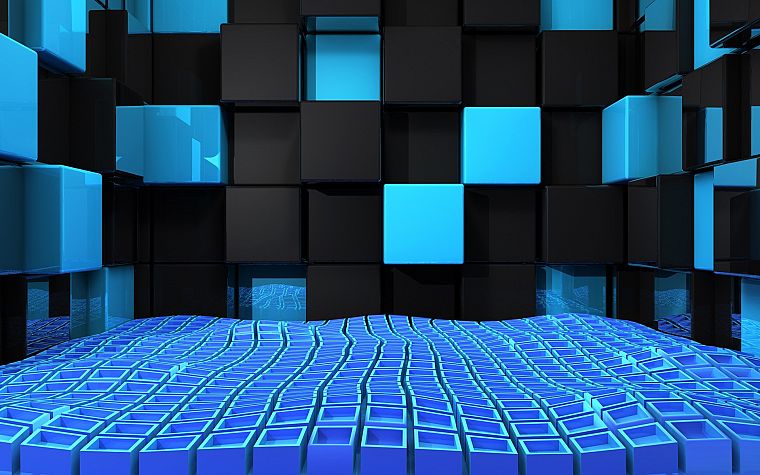 3D вид (3д), абстракции, синий, черный цвет, стена, дизайн, кубики - обои на рабочий стол