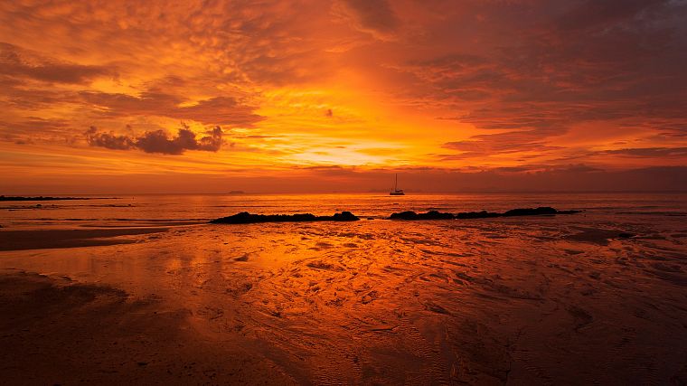закат, океан, природа, оранжевый цвет, корабли - обои на рабочий стол