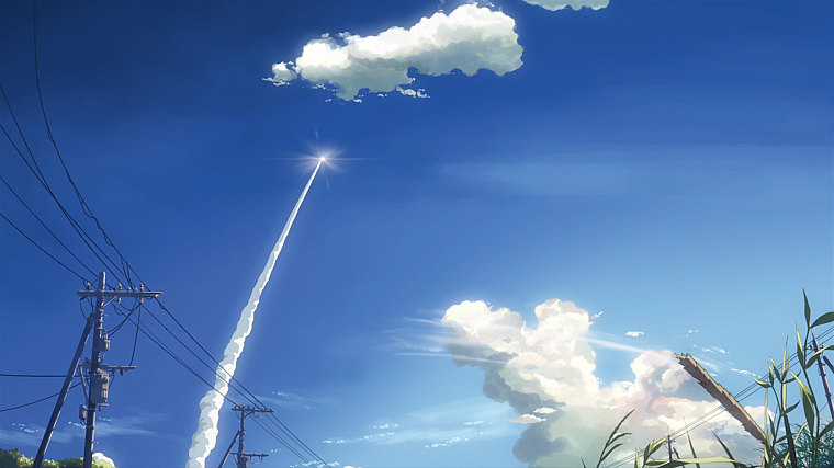 облака, Макото Синкай, линии электропередач, 5 сантиметров в секунду, инверсионных, небо, низкий угол выстрел, небеса - обои на рабочий стол