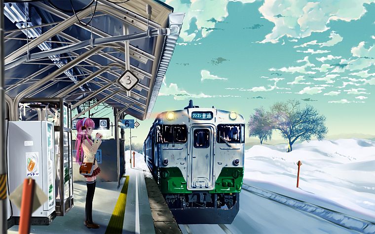 Япония, снег, поезда, вокзалы, аниме девушки - обои на рабочий стол