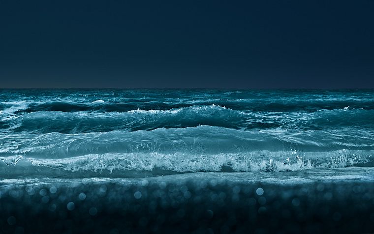 вода, океан, природа, ночь, волны, монохромный - обои на рабочий стол