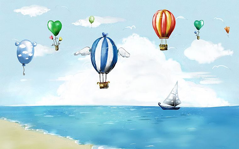 облака, цифровое искусство, произведение искусства, воздушные шары, сердца, воздушные шары, море - обои на рабочий стол