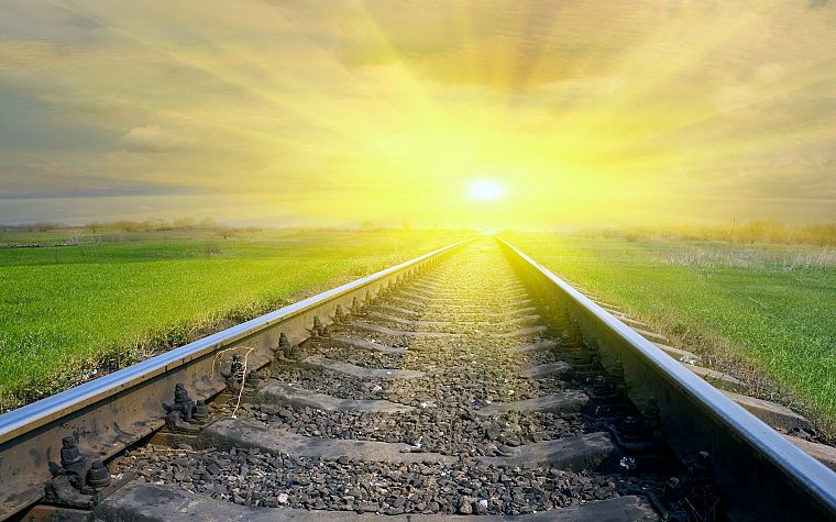 восход, поезда, железнодорожные пути, транспортные средства, железные дороги - обои на рабочий стол