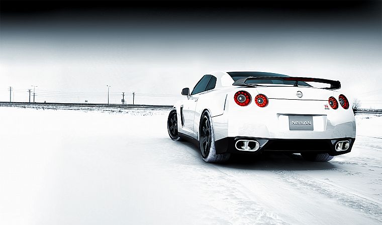 снег, автомобили, Ниссан, вид сзади, белые автомобили, Nissan Skyline GT- R, Nissan GT-R R35 - обои на рабочий стол