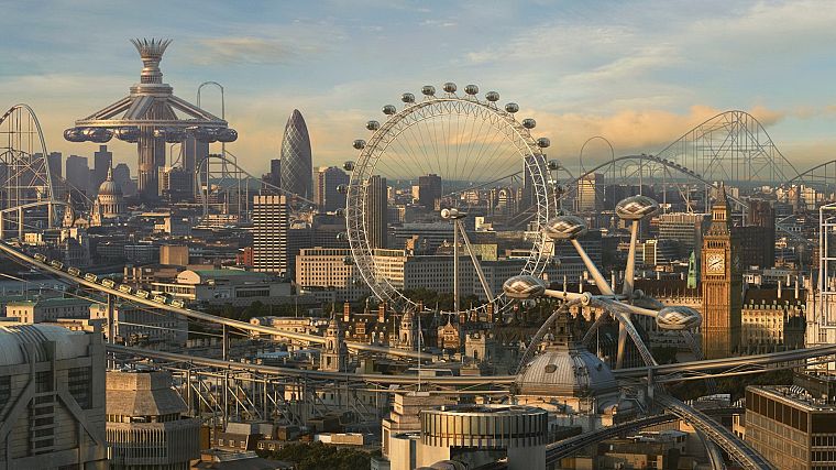 города, подделка, компьютерная графика, Лондон, London Eye, Биг-Бен, города будущего, фото манипуляции, американские горки - обои на рабочий стол
