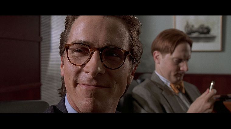 Американский психопат, очки, Кристиан Бэйл, скриншоты, Патрик Бейтман, мужчины в очках - обои на рабочий стол