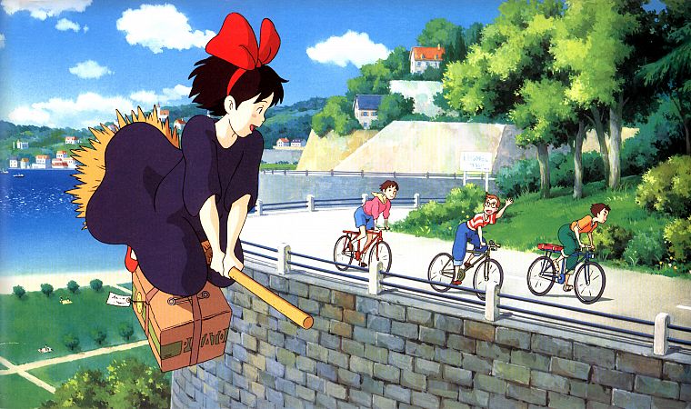 полет, велосипеды, дороги, Studio Ghibli, Служба доставки Кики, размахивание, дети, метловища, Кики ( Ведьмина служба доставки ) - обои на рабочий стол