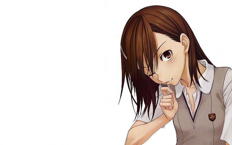 монеты, школьницы, короткие волосы, Мисака Микото, Toaru Kagaku no Railgun, аниме девушки, белый фон, Toaru Majutsu no Index - обои на рабочий стол