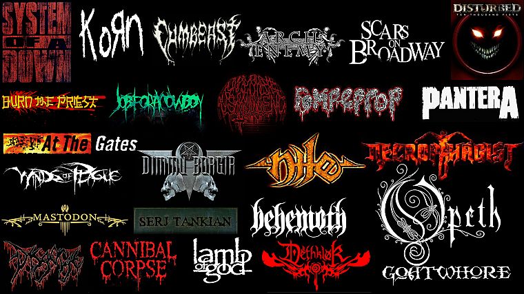 музыка, металл, Dethklok, Opeth, SOAD, Disturbed, DIMMU BORGIR, бегемот, Рок-музыка, Arch Enemy, System Of A Down, Cannibal Corpse, Pantera, дизайн логотипа - обои на рабочий стол