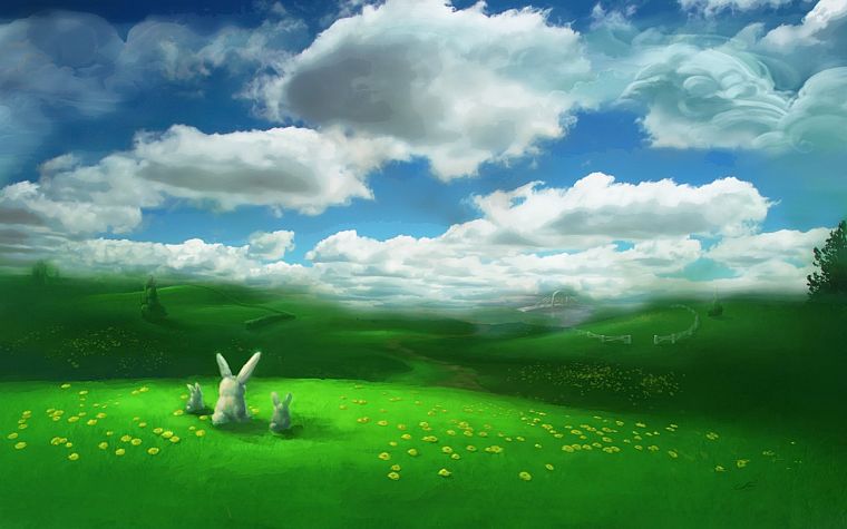 кролики, пейзажи, поля, произведение искусства - обои на рабочий стол