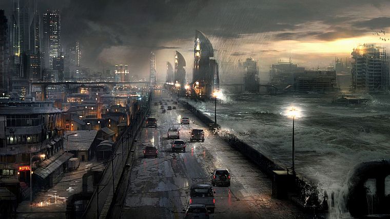 руины, города, дождь, волны, автомобили, дороги, научная фантастика, наводнение, апокалиптический - обои на рабочий стол
