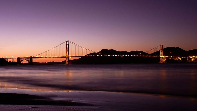 закат, мосты, Мост Золотые Ворота, Сан - Франциско, море, пляжи - обои на рабочий стол